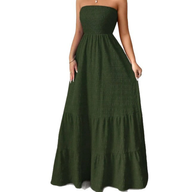 Women's Strapless Pleated Textured Vacation Dress