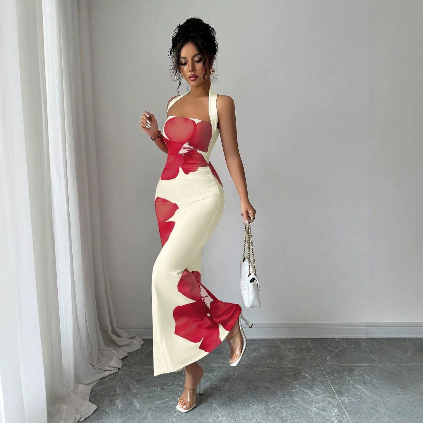 Women's Halter Neck Backless Floral Bodycon Dress