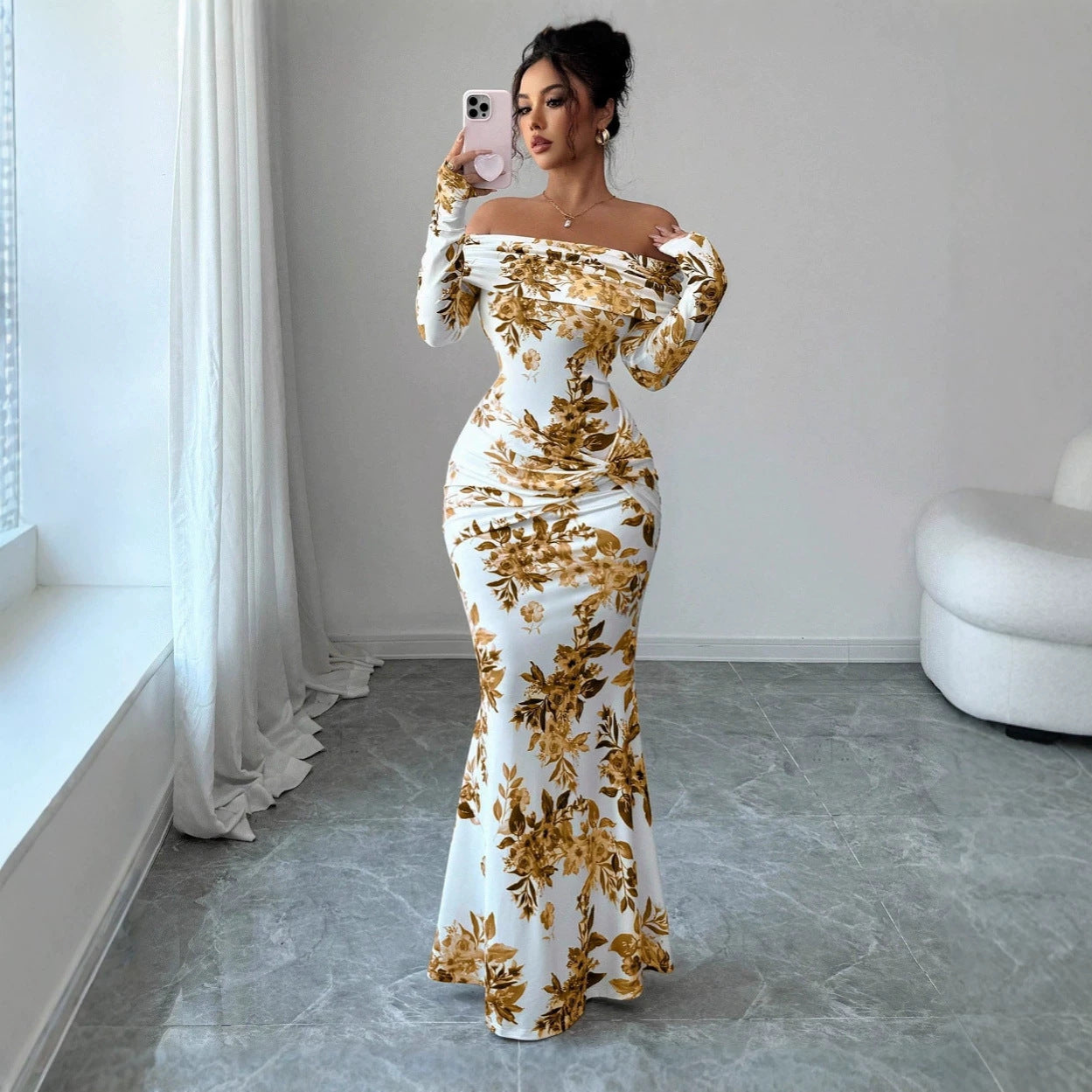 Women's Printed Long Sleeve Resort Dress