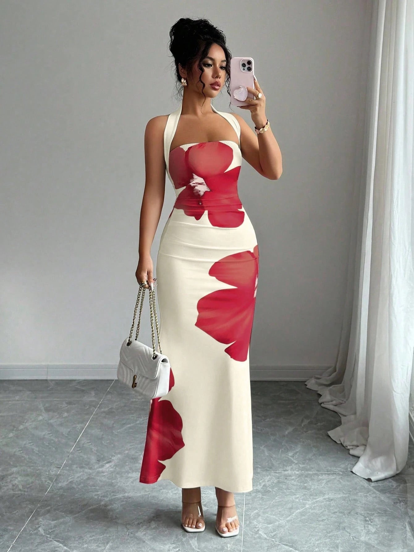Women's Halter Neck Backless Floral Bodycon Dress