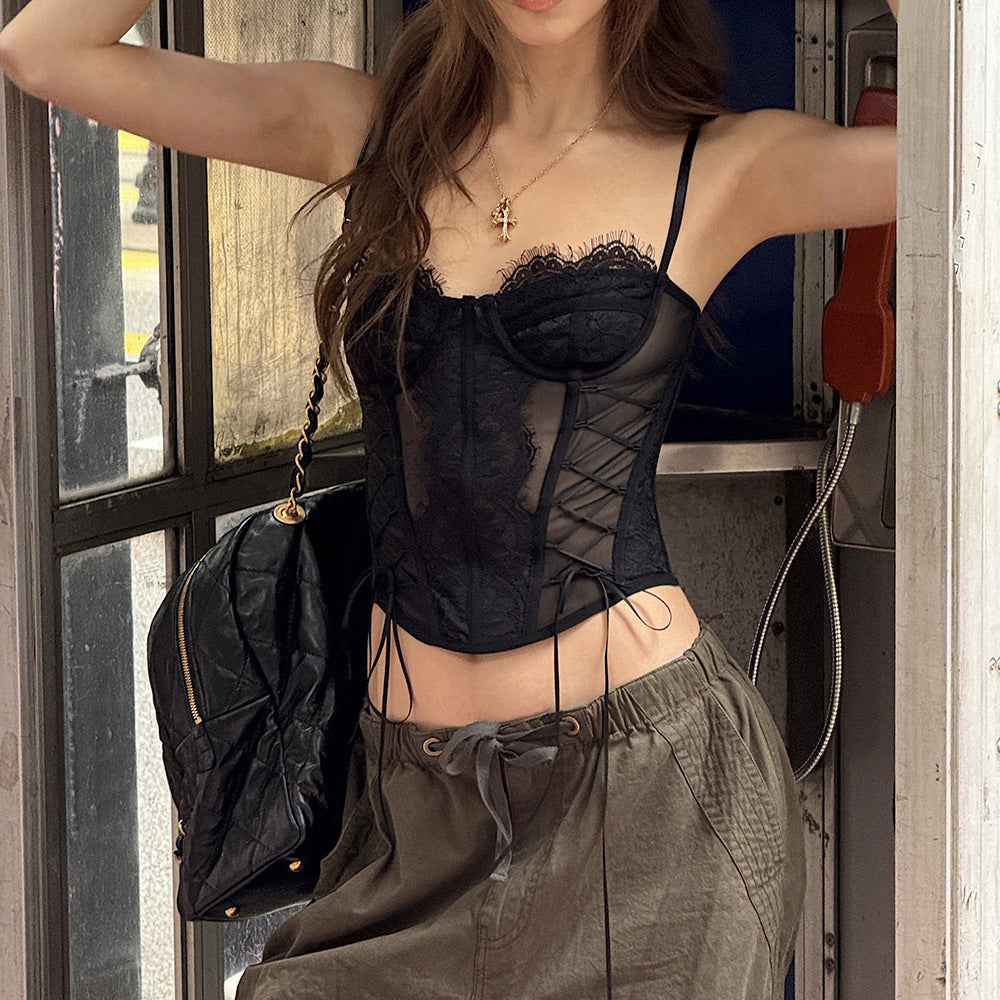 Women’s Black Mesh Lace Corset Top with Boning - Black