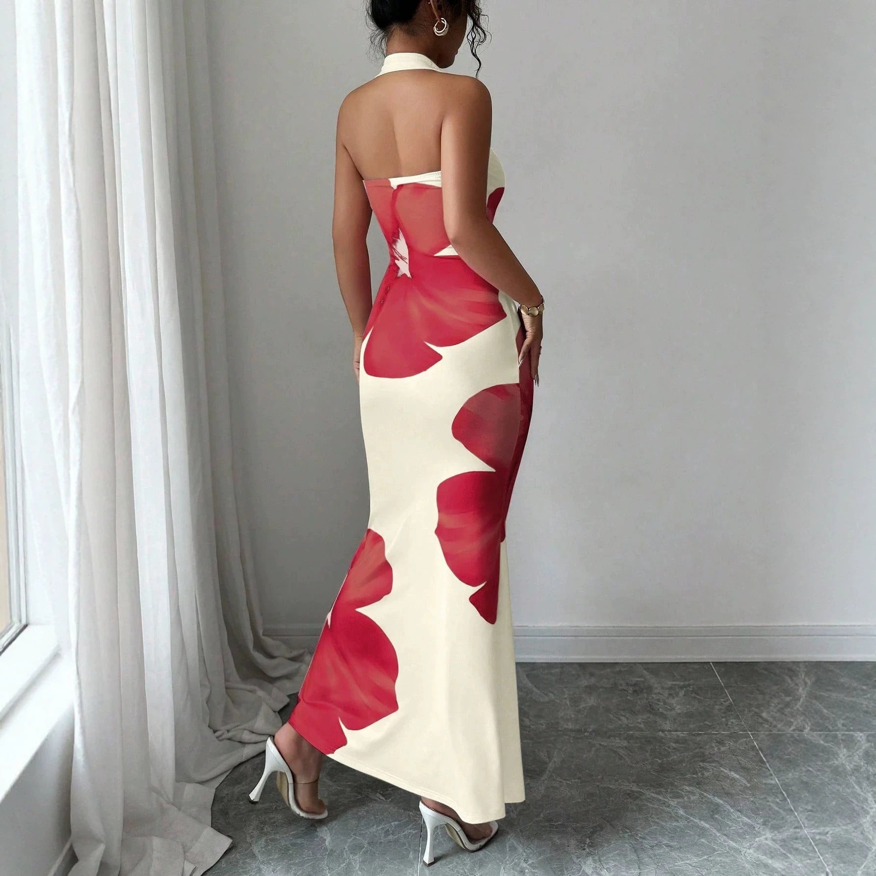Women's Halter Neck Backless Floral Bodycon Dress