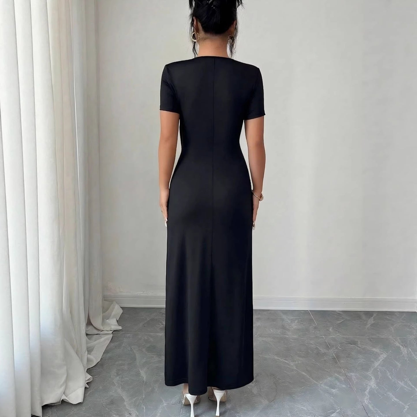 Women's V-Neck Metal Buckle High Slit Maxi Dress