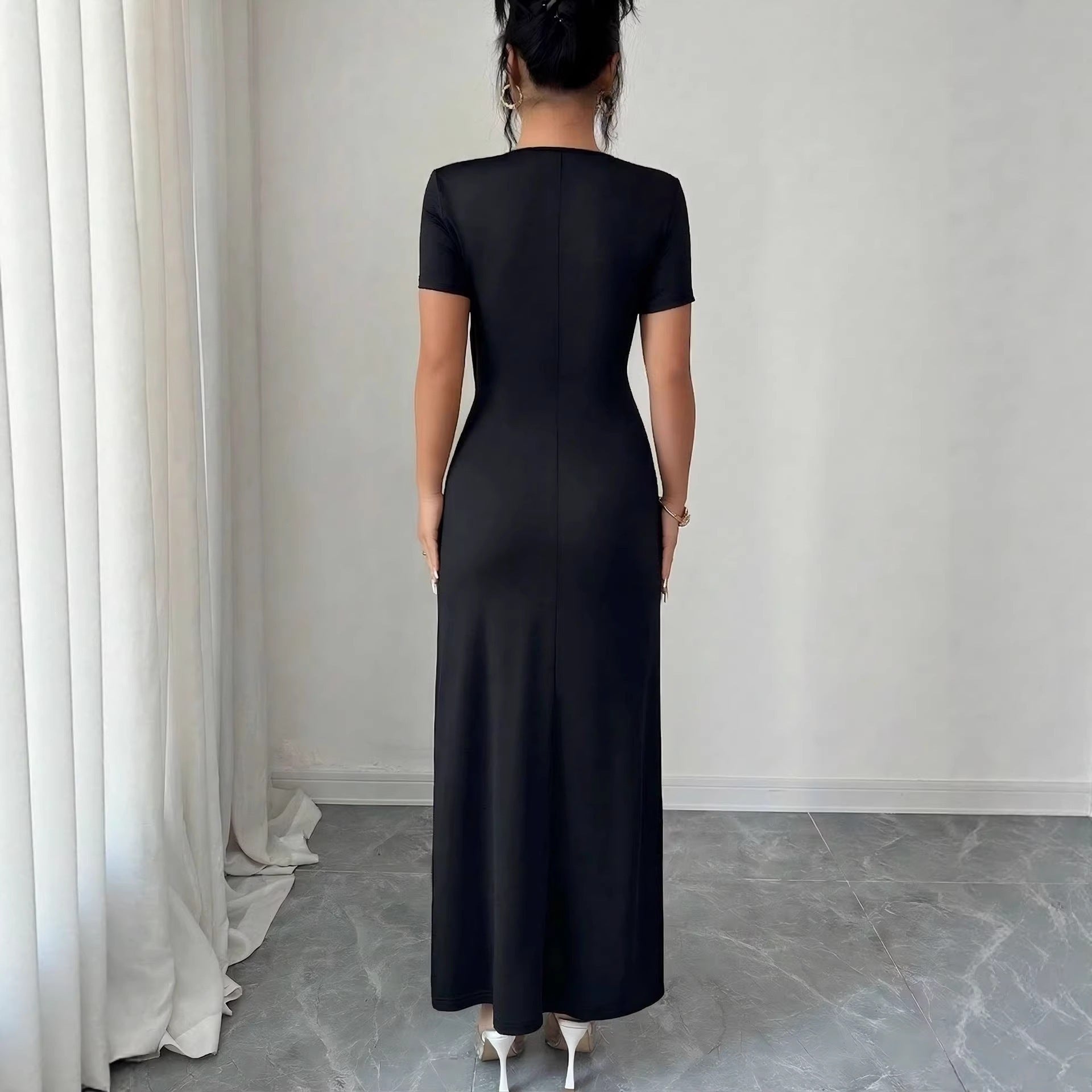 Women's V-Neck Metal Buckle High Slit Maxi Dress