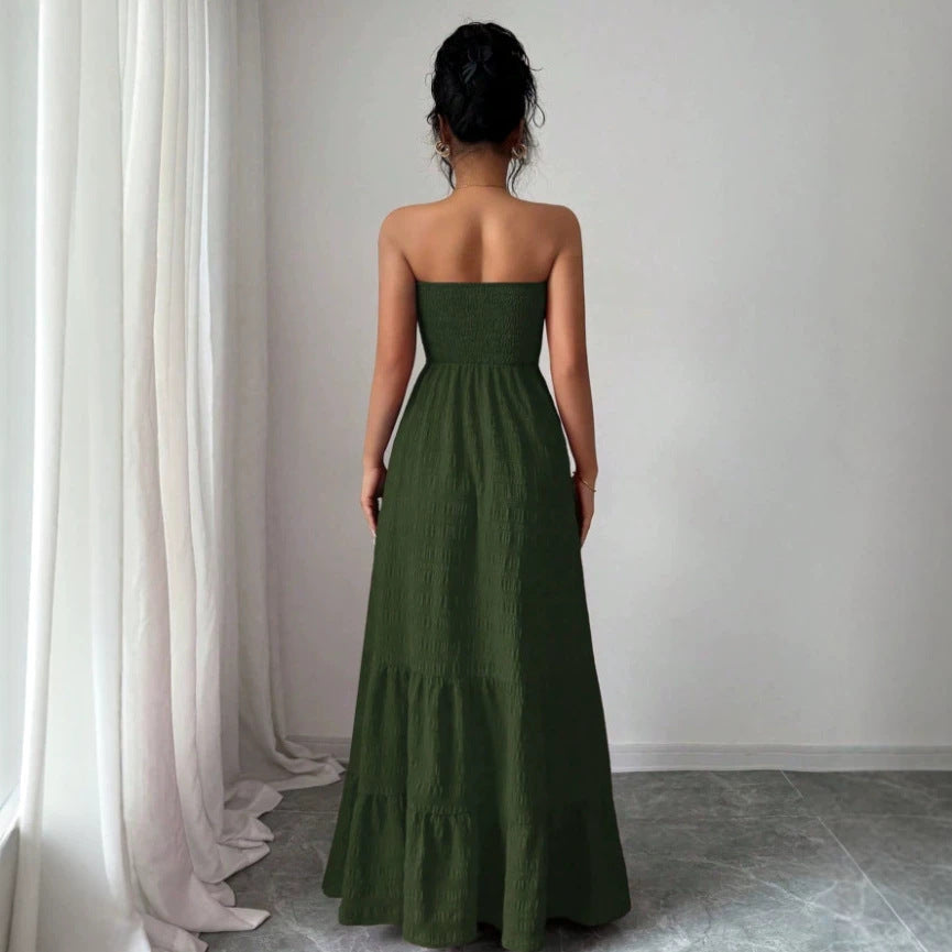 Women's Strapless Pleated Textured Vacation Dress