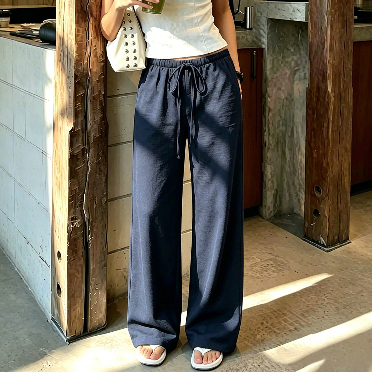 Women's navy blue drawstring straight-leg knit pants