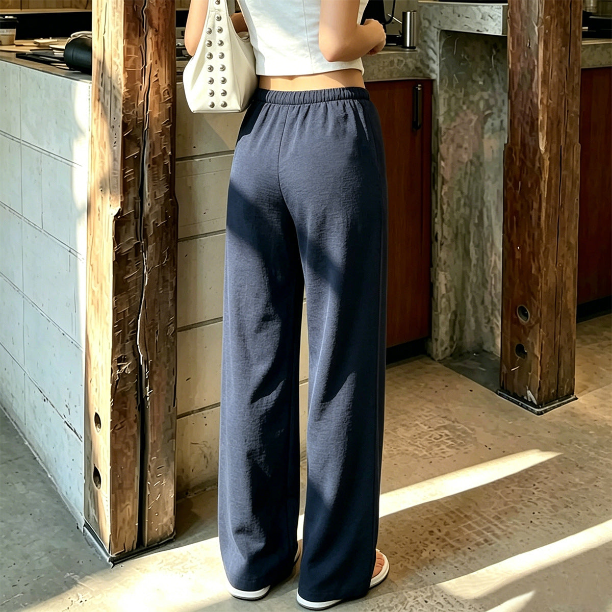 Women's navy blue drawstring straight-leg knit pants
