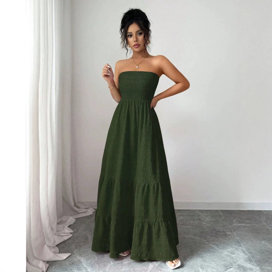 Women's Strapless Pleated Textured Vacation Dress