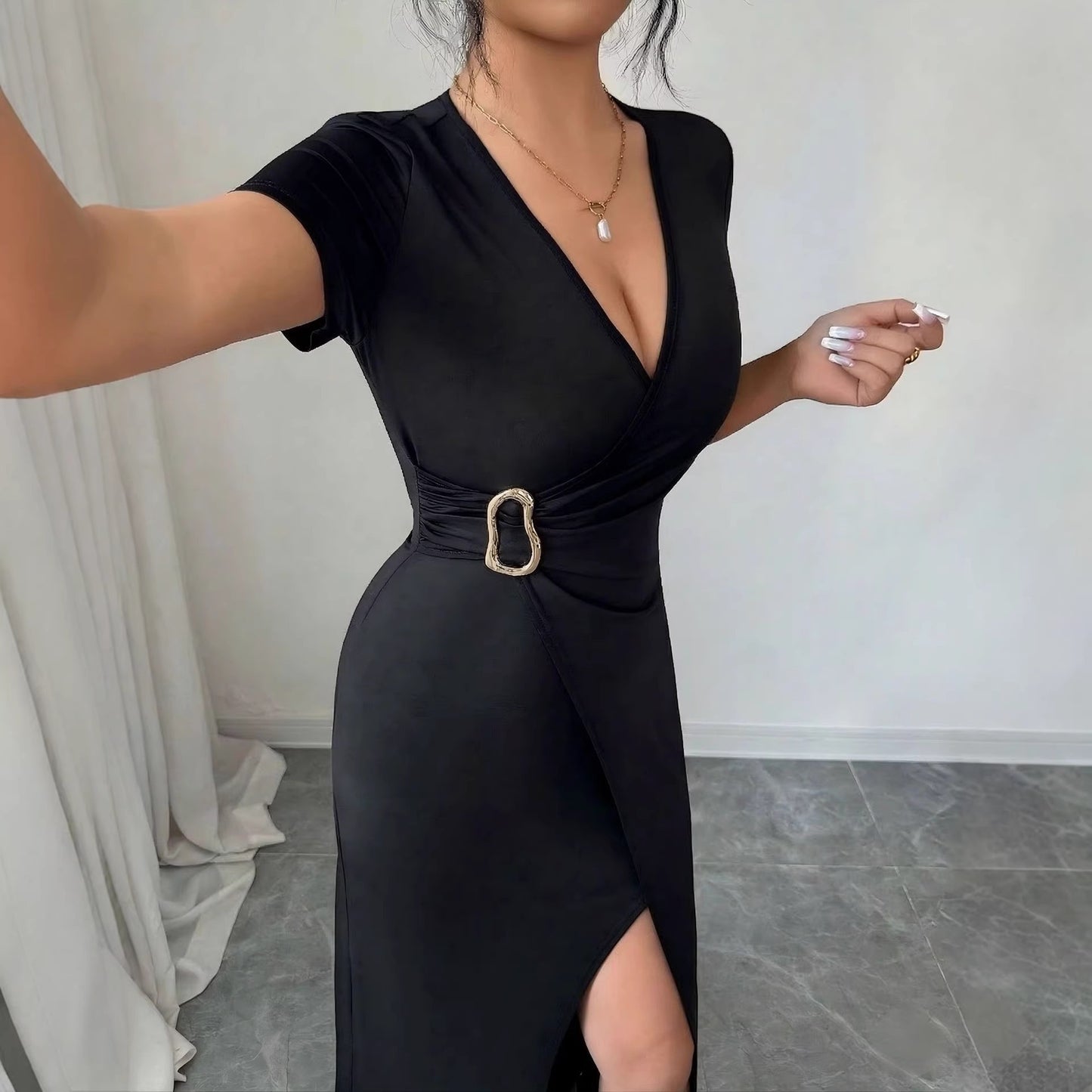 Women's V-Neck Metal Buckle High Slit Maxi Dress