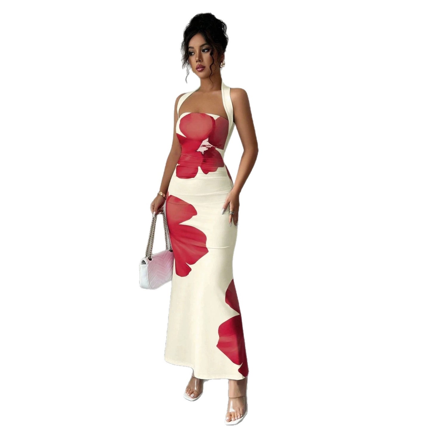 Women's Halter Neck Backless Floral Bodycon Dress