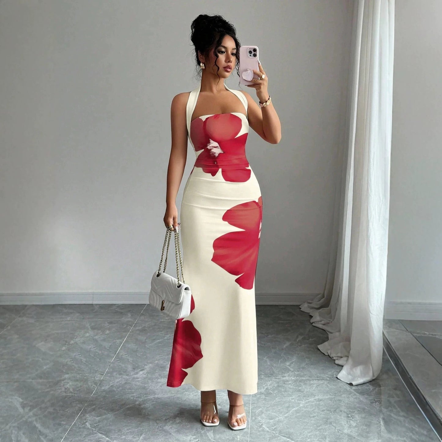 Women's Halter Neck Backless Floral Bodycon Dress