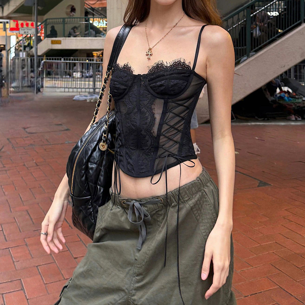 Women’s Black Mesh Lace Corset Top with Boning - Black