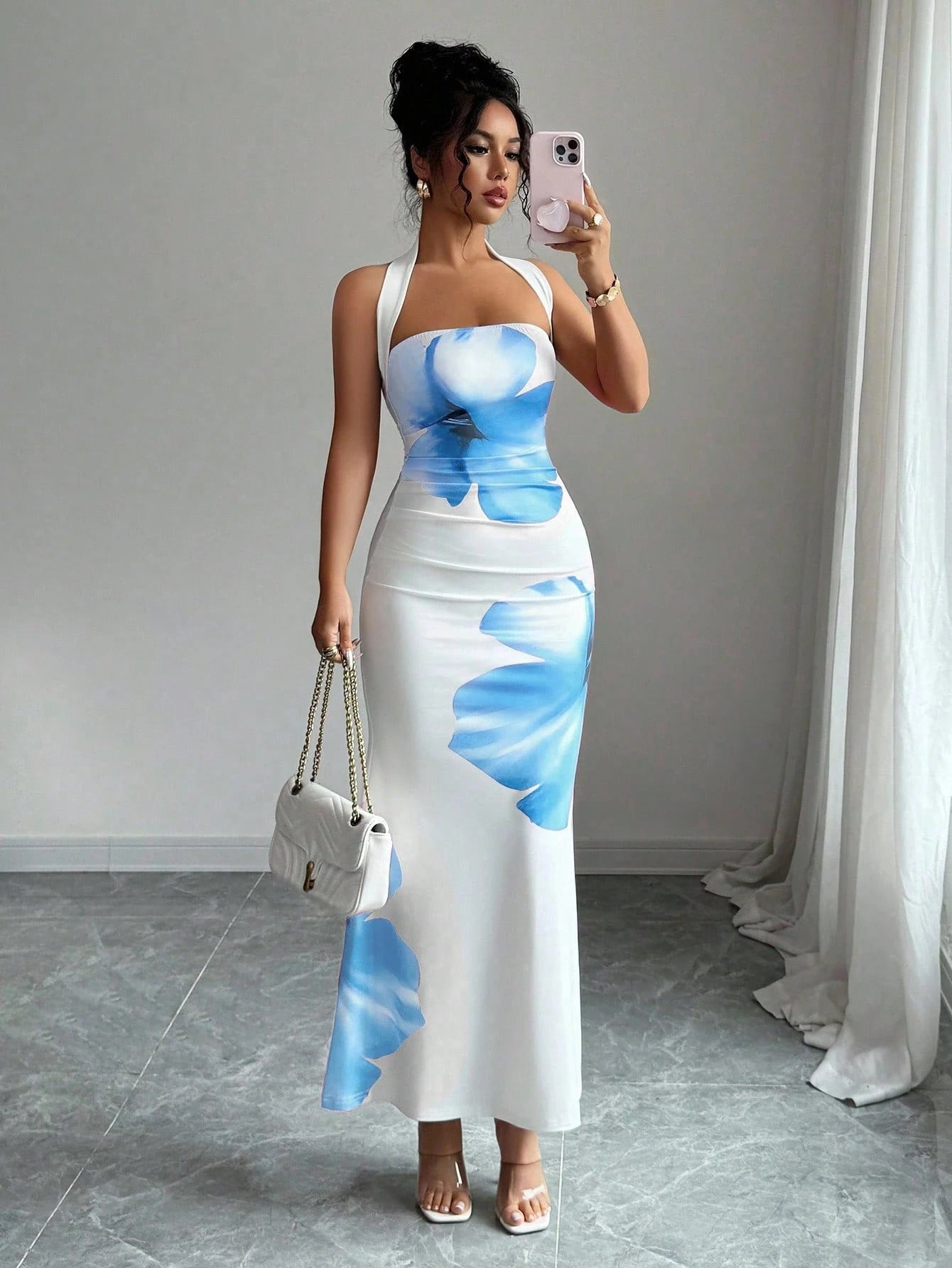 Women's Halter Neck Backless Floral Bodycon Dress