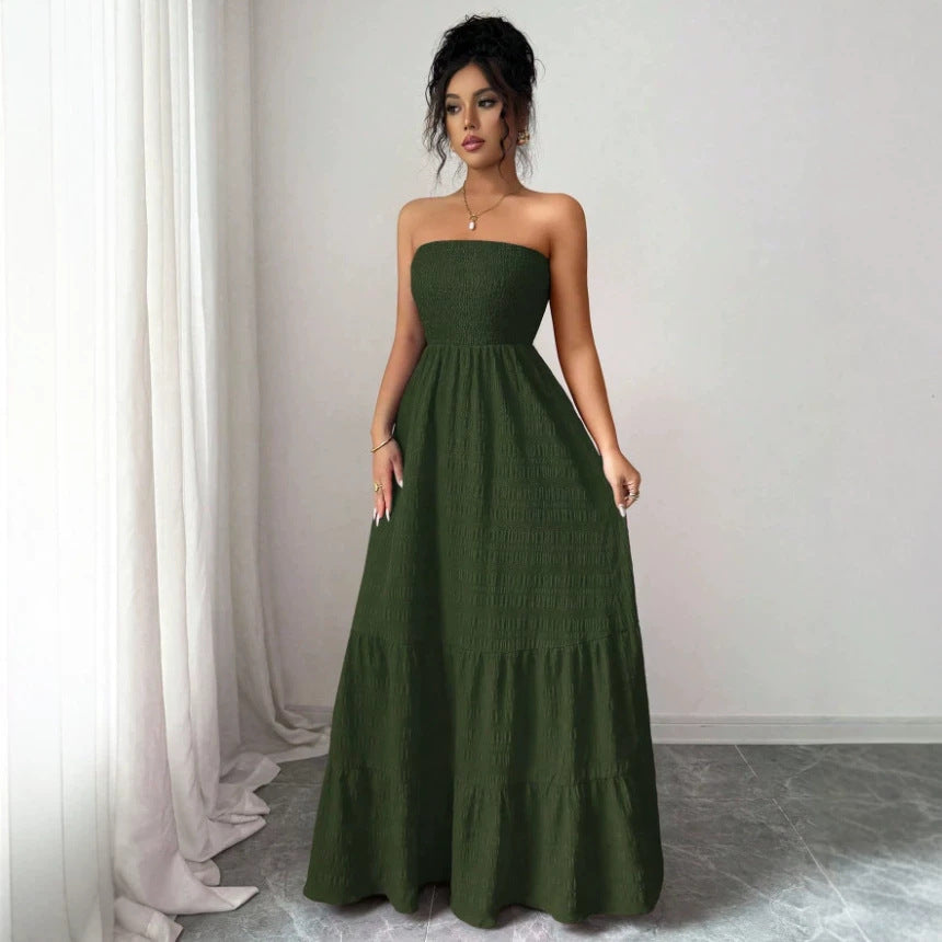 Women's Strapless Pleated Textured Vacation Dress