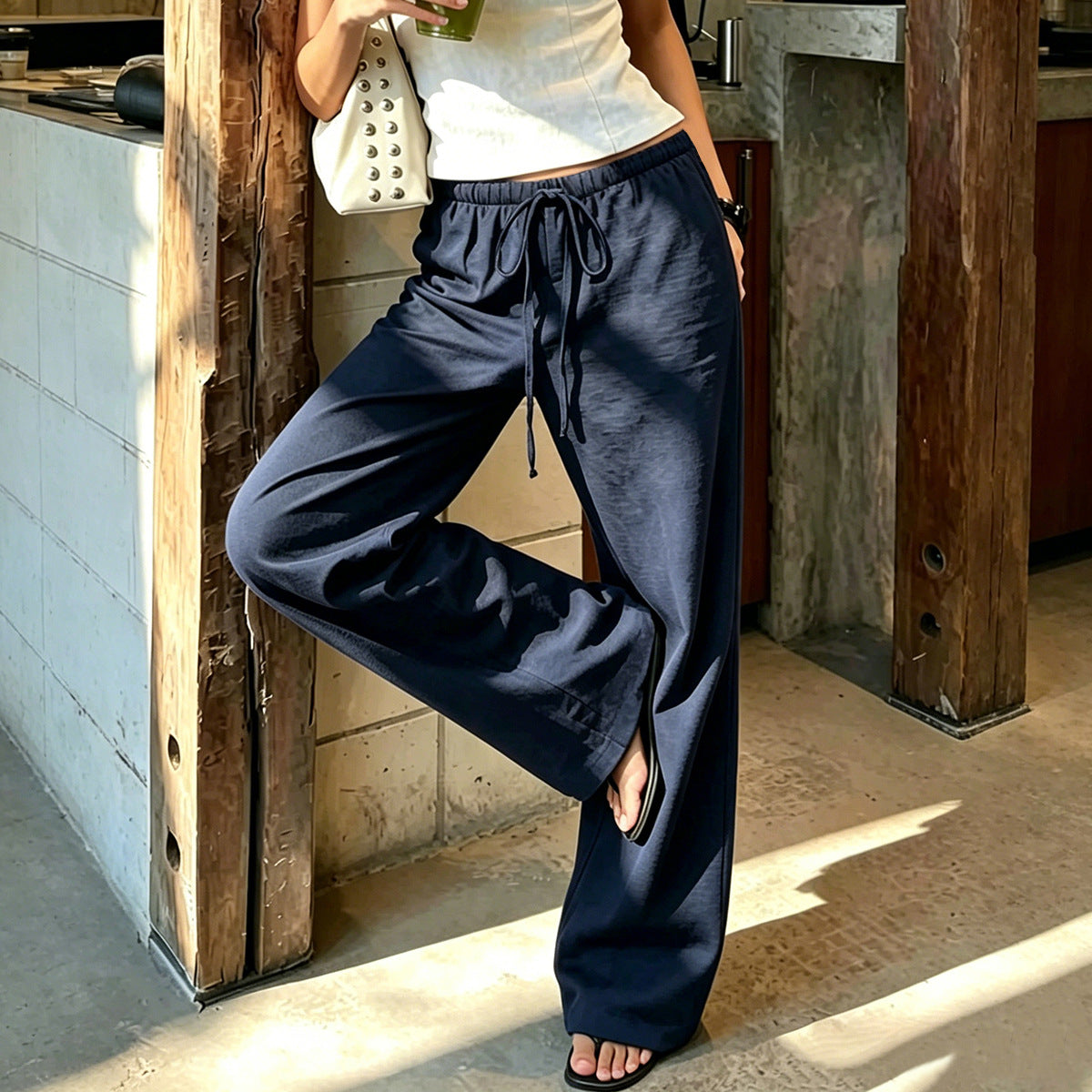 Women's navy blue drawstring straight-leg knit pants
