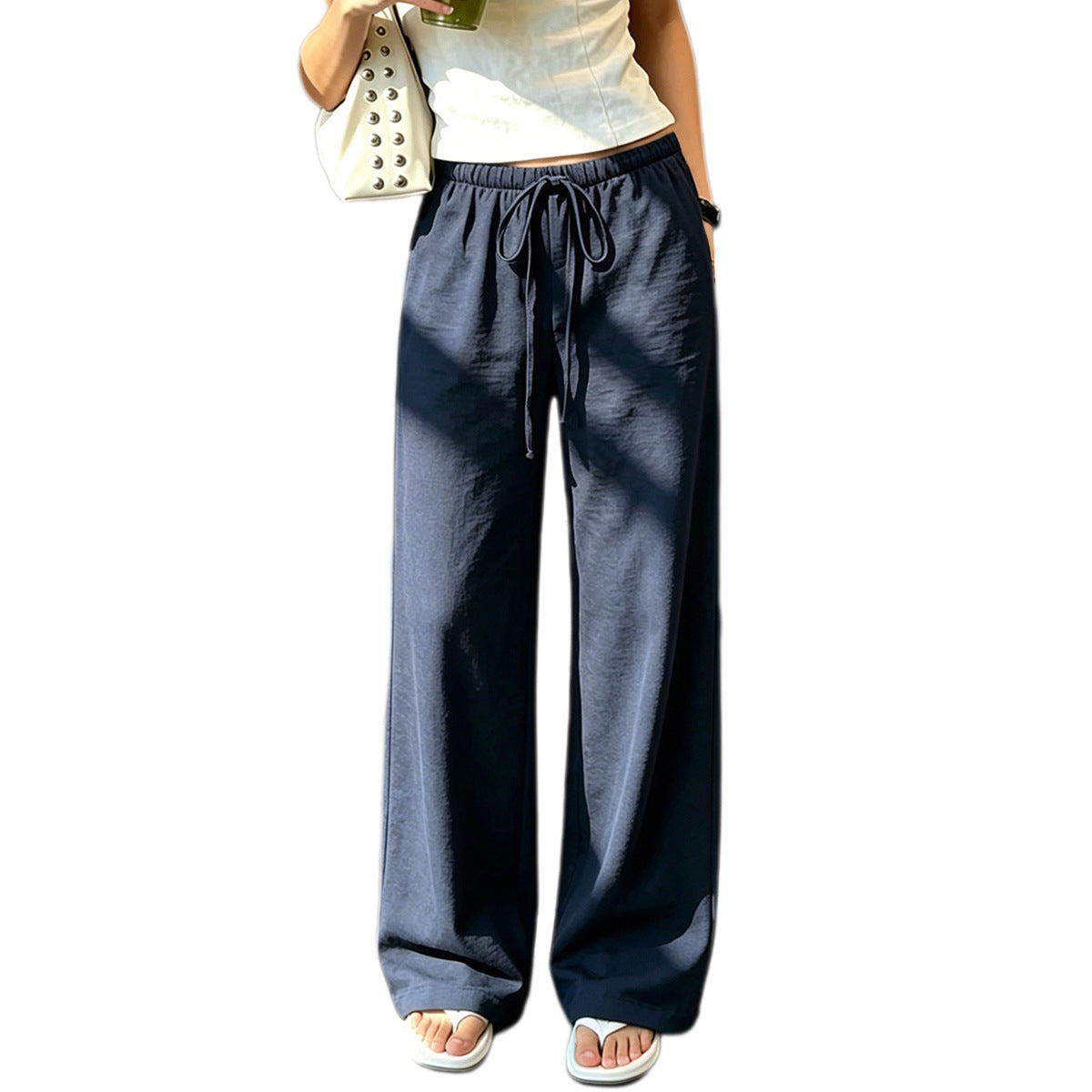 Women's navy blue drawstring straight-leg knit pants