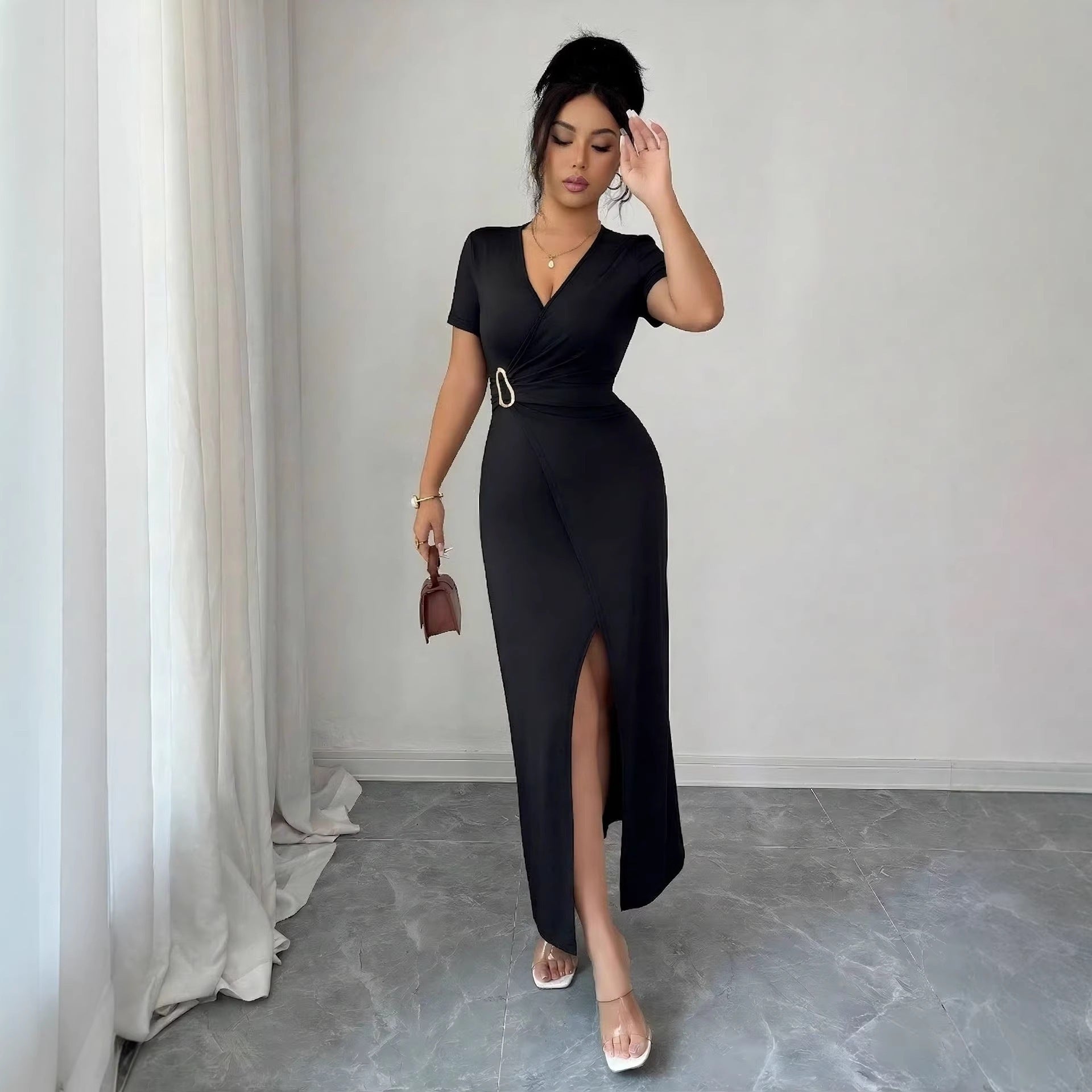 Women's V-Neck Metal Buckle High Slit Maxi Dress