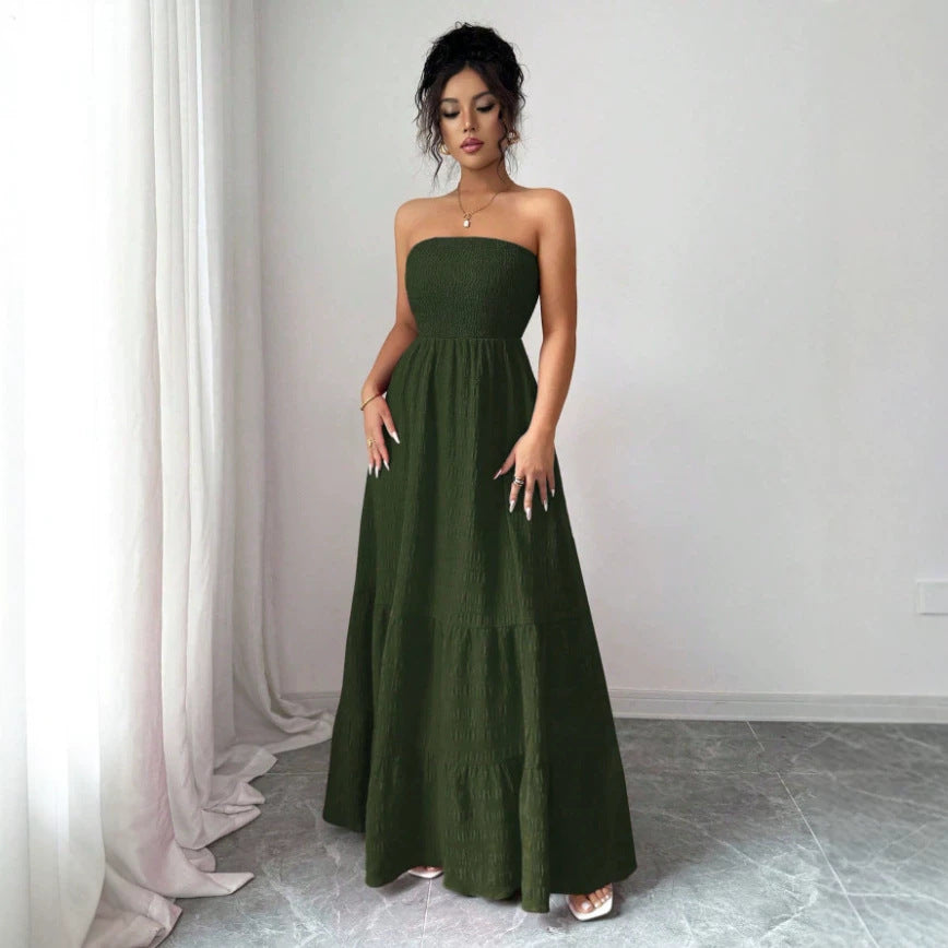 Women's Strapless Pleated Textured Vacation Dress