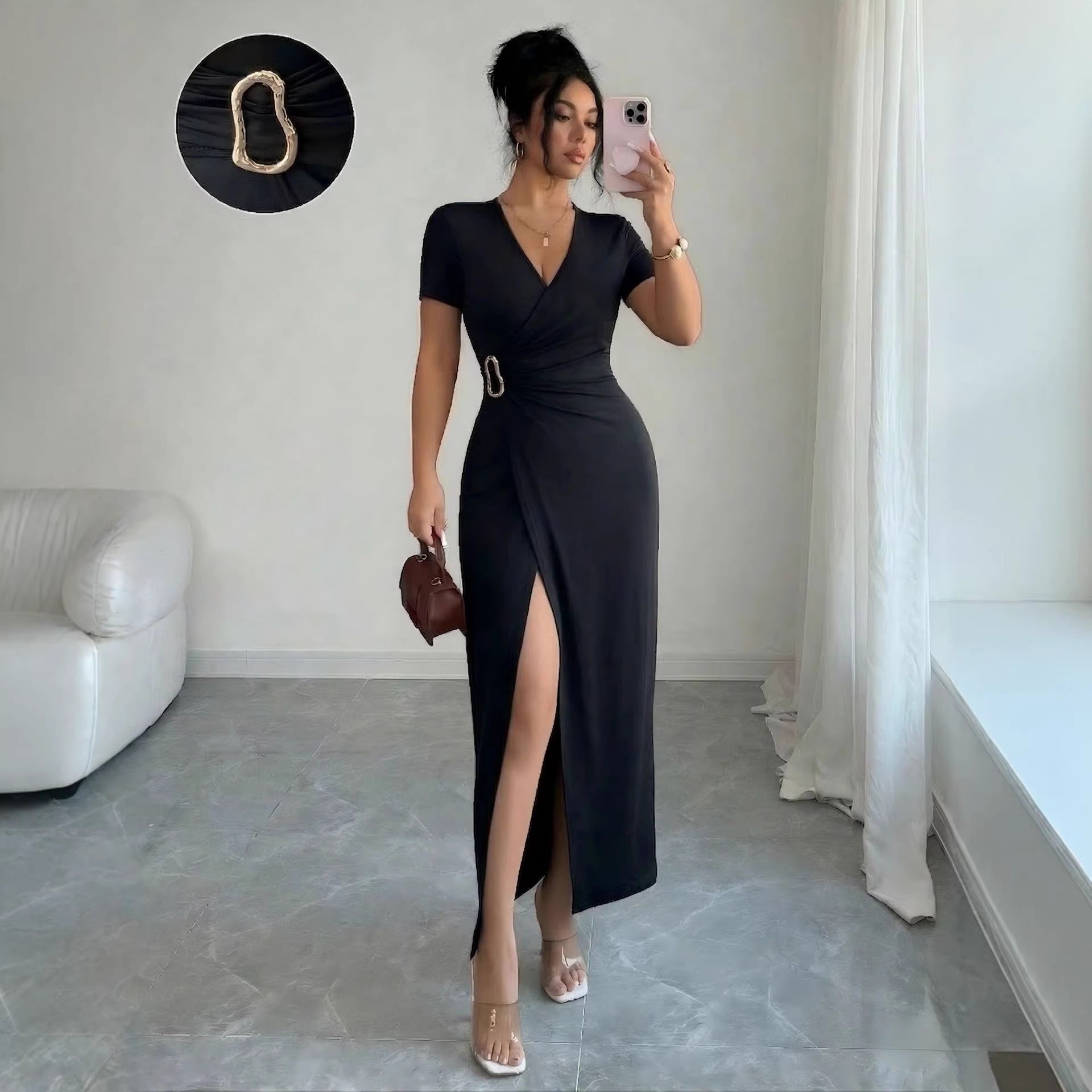 Women's V-Neck Metal Buckle High Slit Maxi Dress