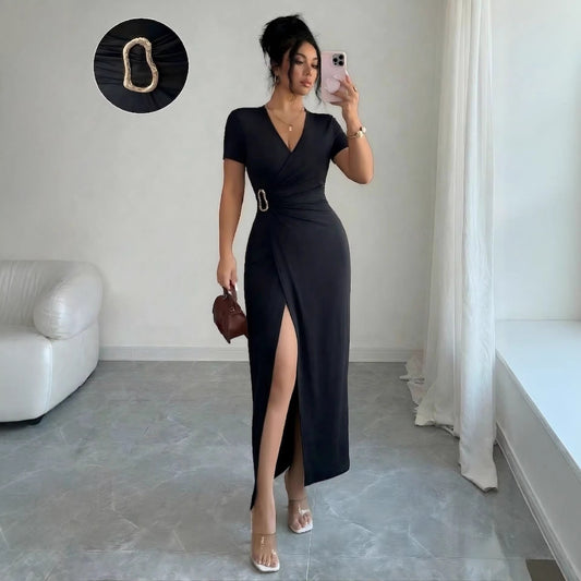 Women's V-Neck Metal Buckle High Slit Maxi Dress