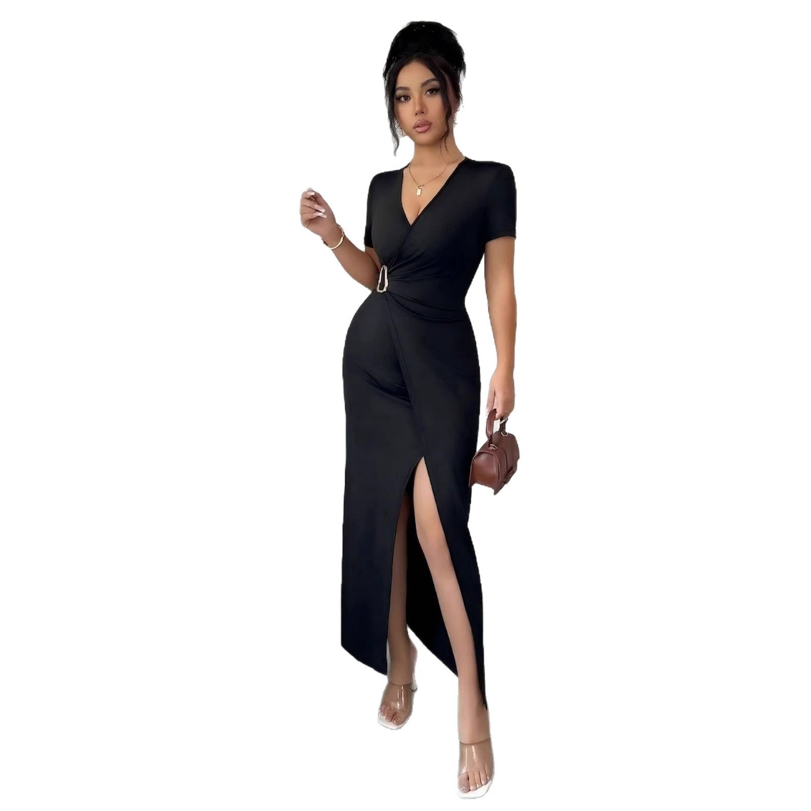 Women's V-Neck Metal Buckle High Slit Maxi Dress
