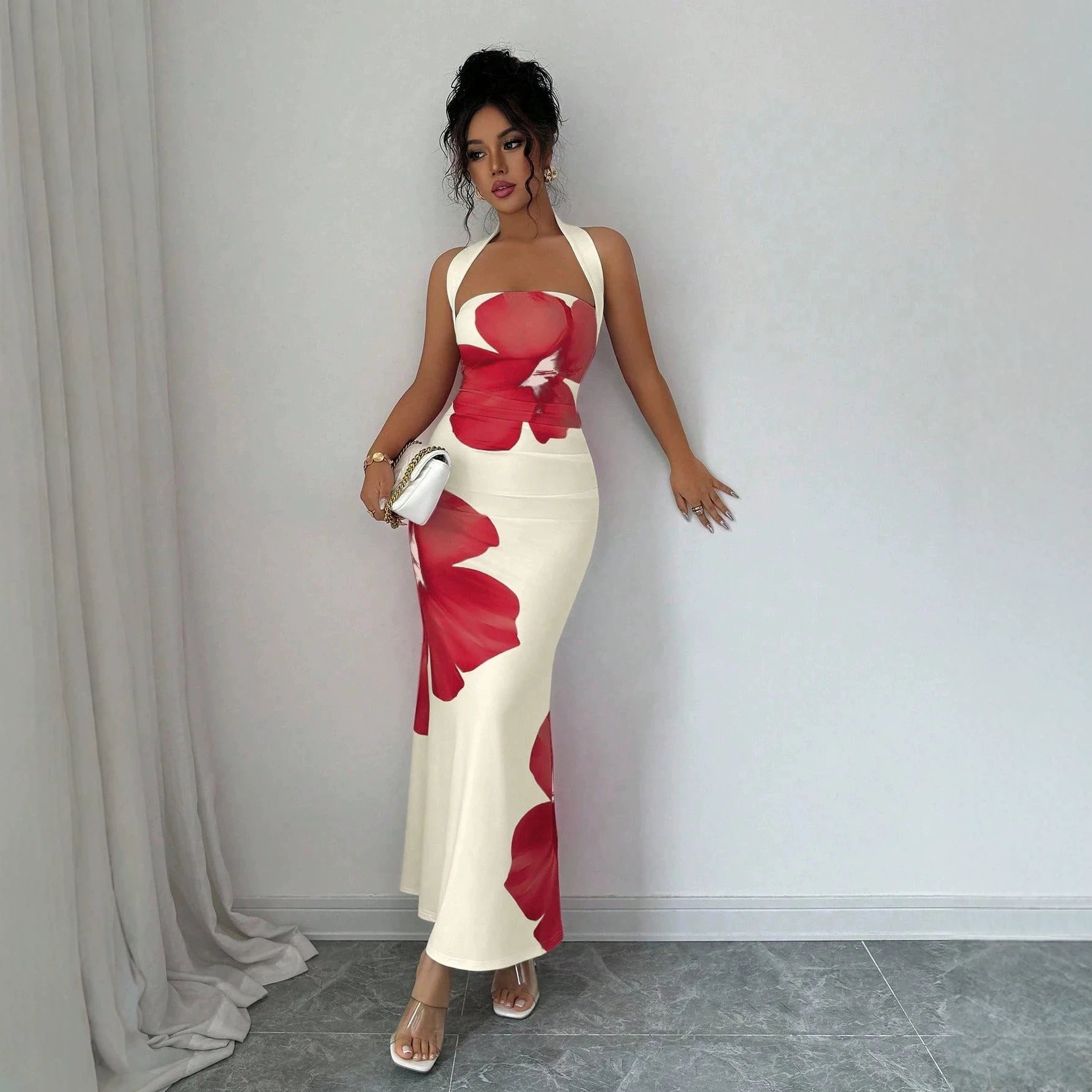 Women's Halter Neck Backless Floral Bodycon Dress