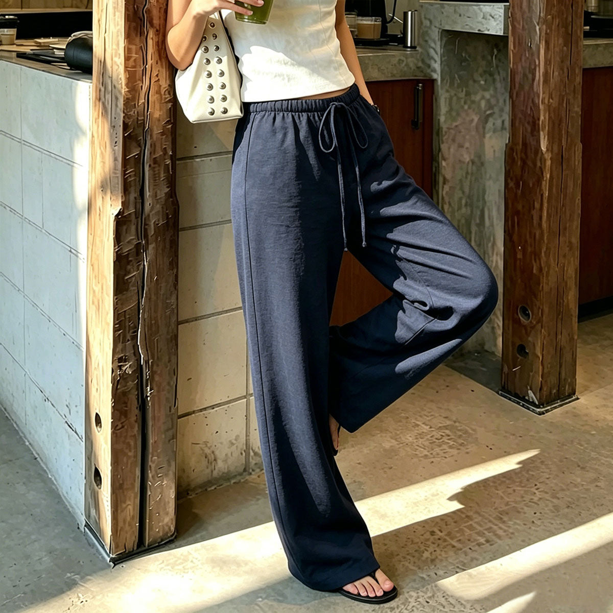 Women's navy blue drawstring straight-leg knit pants