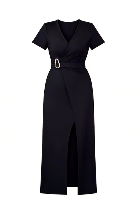 Women's V-Neck Metal Buckle High Slit Maxi Dress